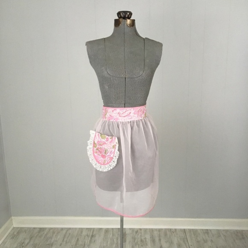 Vintage Pink Half Apron Sheer Chiffon Abstract Lace Tie Back Hostess - Picture 8 of 15